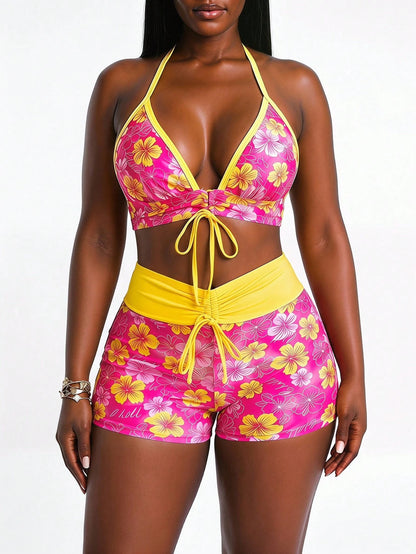 Swim Mod Plus Size Floral Print Lace-Up Drawstring Design Swimsuit And Bikini Bottom Set