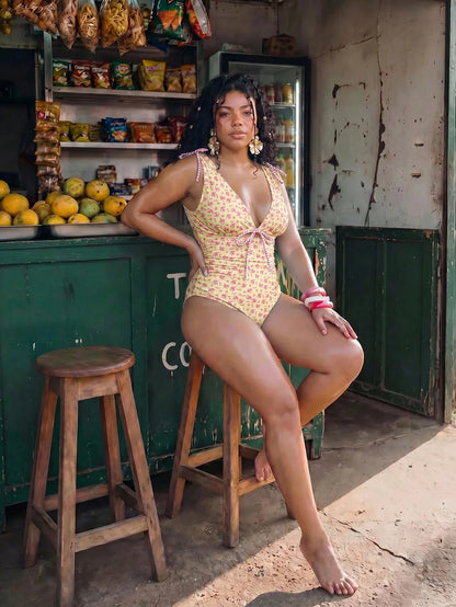 Swim Mod Plus Size Floral Print Ruched Tie One-Piece Swimsuit