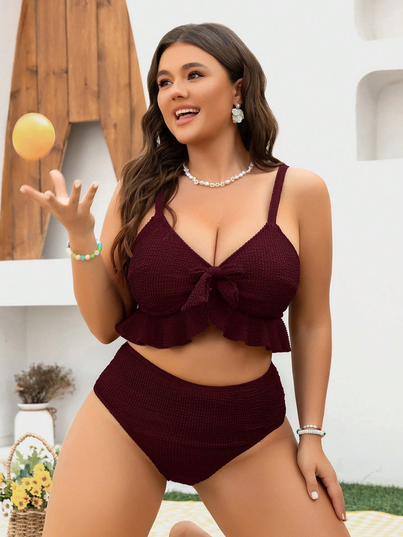 Swim Mod Plus Size Women's Bow-Knot & Ruffle Detail Swimwear Set, Sweet Holiday Vacation Curvy Two Pieces Swimwear For Summer