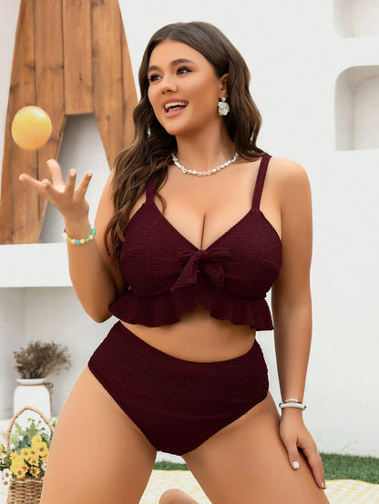 Swim Mod Plus Size Women's Bow-Knot & Ruffle Detail Swimwear Set, Sweet Holiday Vacation Curvy Two Pieces Swimwear For Summer