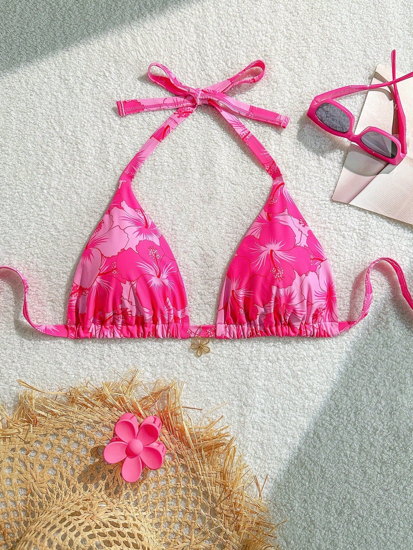 Swim Mod Plus Size Women's Summer Tropical Floral Decor Fashionable Halter Triangle Pink Bikini Top Swimwear