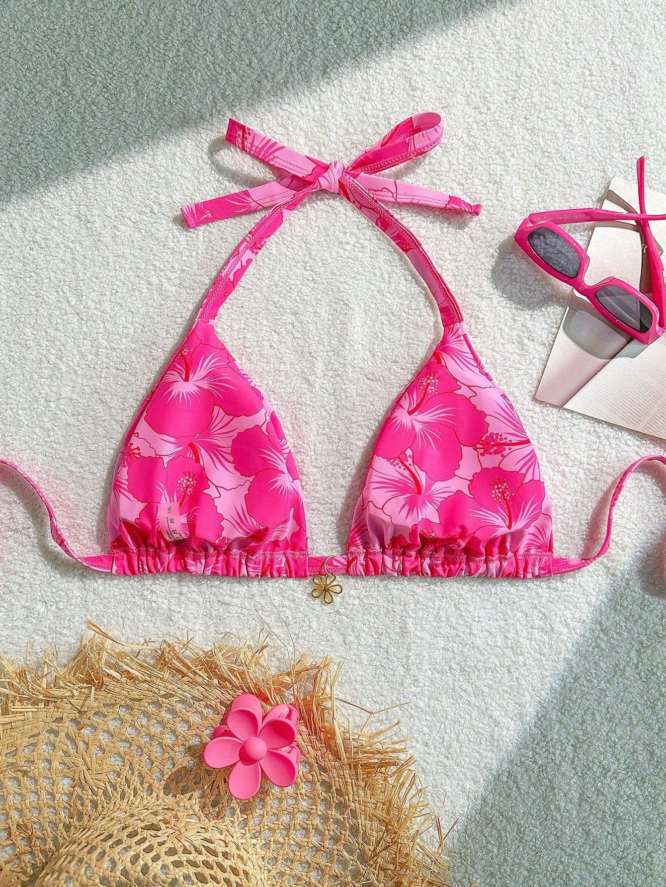 Swim Mod Plus Size Women's Summer Tropical Floral Decor Fashionable Halter Triangle Pink Bikini Top Swimwear
