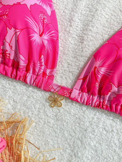 Swim Mod Plus Size Women's Summer Tropical Floral Decor Fashionable Halter Triangle Pink Bikini Top Swimwear