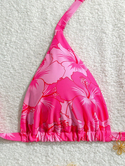 Swim Mod Plus Size Women's Summer Tropical Floral Decor Fashionable Halter Triangle Pink Bikini Top Swimwear