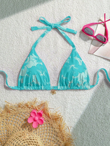 Swim Mod Plus Size Women's Summer Tropical Floral Decor Fashionable Halter Triangle Pink Bikini Top Swimwear