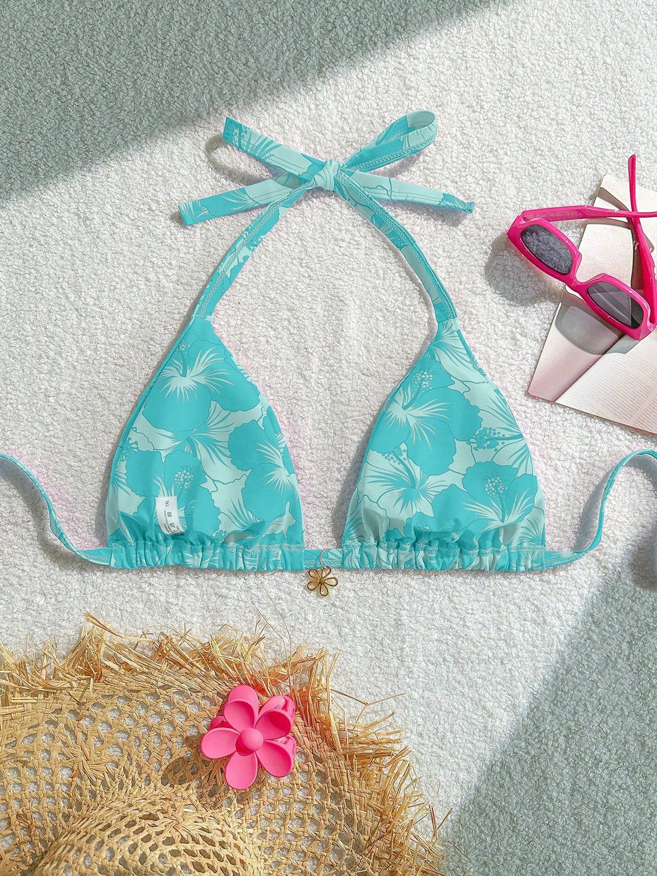 Swim Mod Plus Size Women's Summer Tropical Floral Decor Fashionable Halter Triangle Pink Bikini Top Swimwear