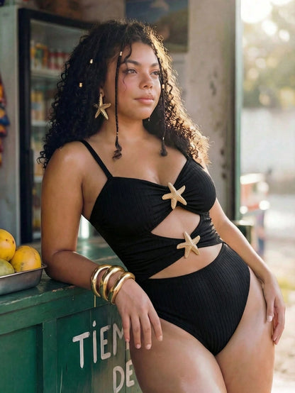 Swim Mod Plus Size Women's Sweet Cute Minimalist Beach Vacation Solid Yellow Textured Fabric V-Neck Adjustable Shoulder Strap Hollow Design Star Trim One-Piece Swimsuit