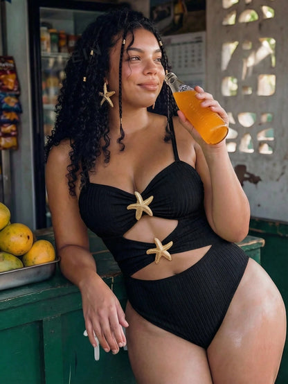 Swim Mod Plus Size Women's Sweet Cute Minimalist Beach Vacation Solid Yellow Textured Fabric V-Neck Adjustable Shoulder Strap Hollow Design Star Trim One-Piece Swimsuit