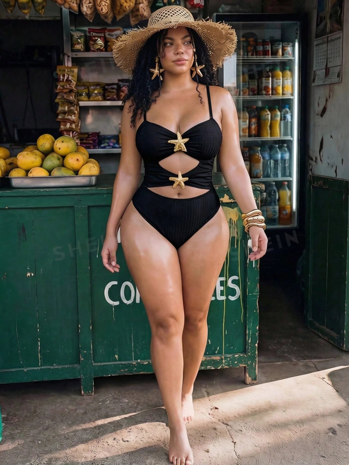 Swim Mod Plus Size Women's Sweet Cute Minimalist Beach Vacation Solid Yellow Textured Fabric V-Neck Adjustable Shoulder Strap Hollow Design Star Trim One-Piece Swimsuit
