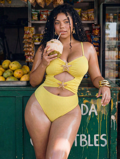 Swim Mod Plus Size Women's Sweet Cute Minimalist Beach Vacation Solid Yellow Textured Fabric V-Neck Adjustable Shoulder Strap Hollow Design Star Trim One-Piece Swimsuit