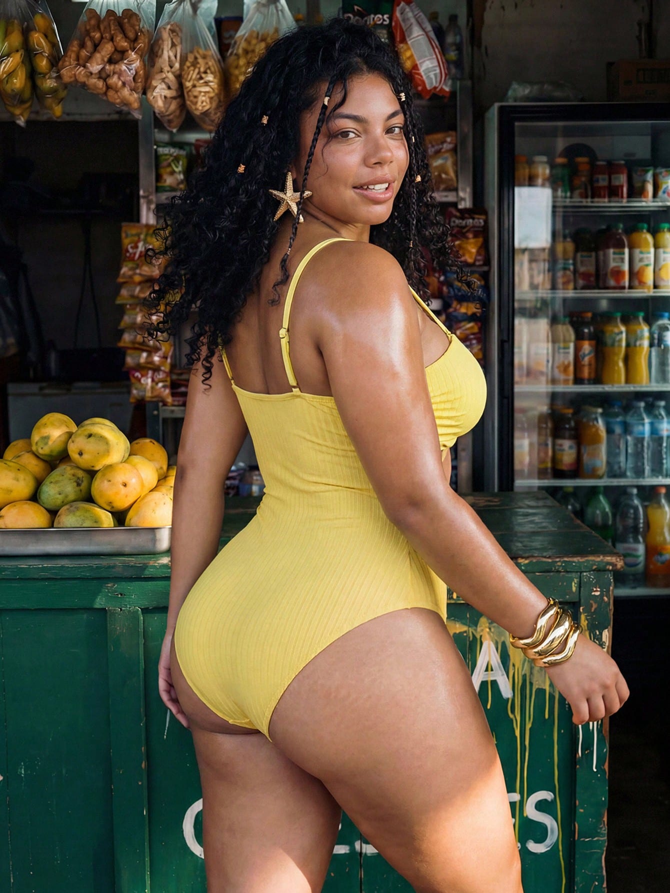 Swim Mod Plus Size Women's Sweet Cute Minimalist Beach Vacation Solid Yellow Textured Fabric V-Neck Adjustable Shoulder Strap Hollow Design Star Trim One-Piece Swimsuit