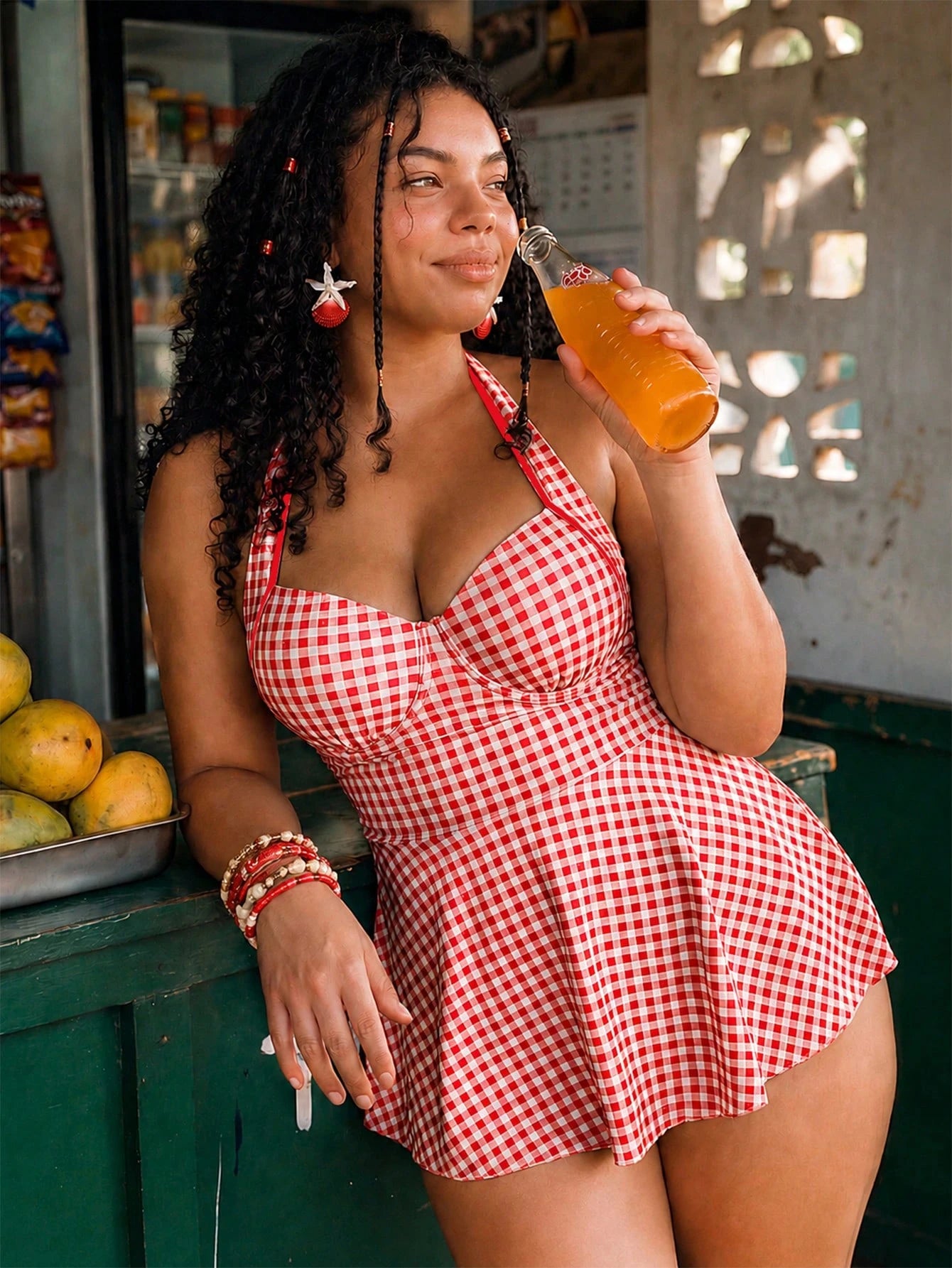 Swim Mod Plus Size Women's Vacation Plaid Halter Neck Swim Dress With Swim Shorts 2-Piece Swimsuit Set Beach Vacation Summer 1920s