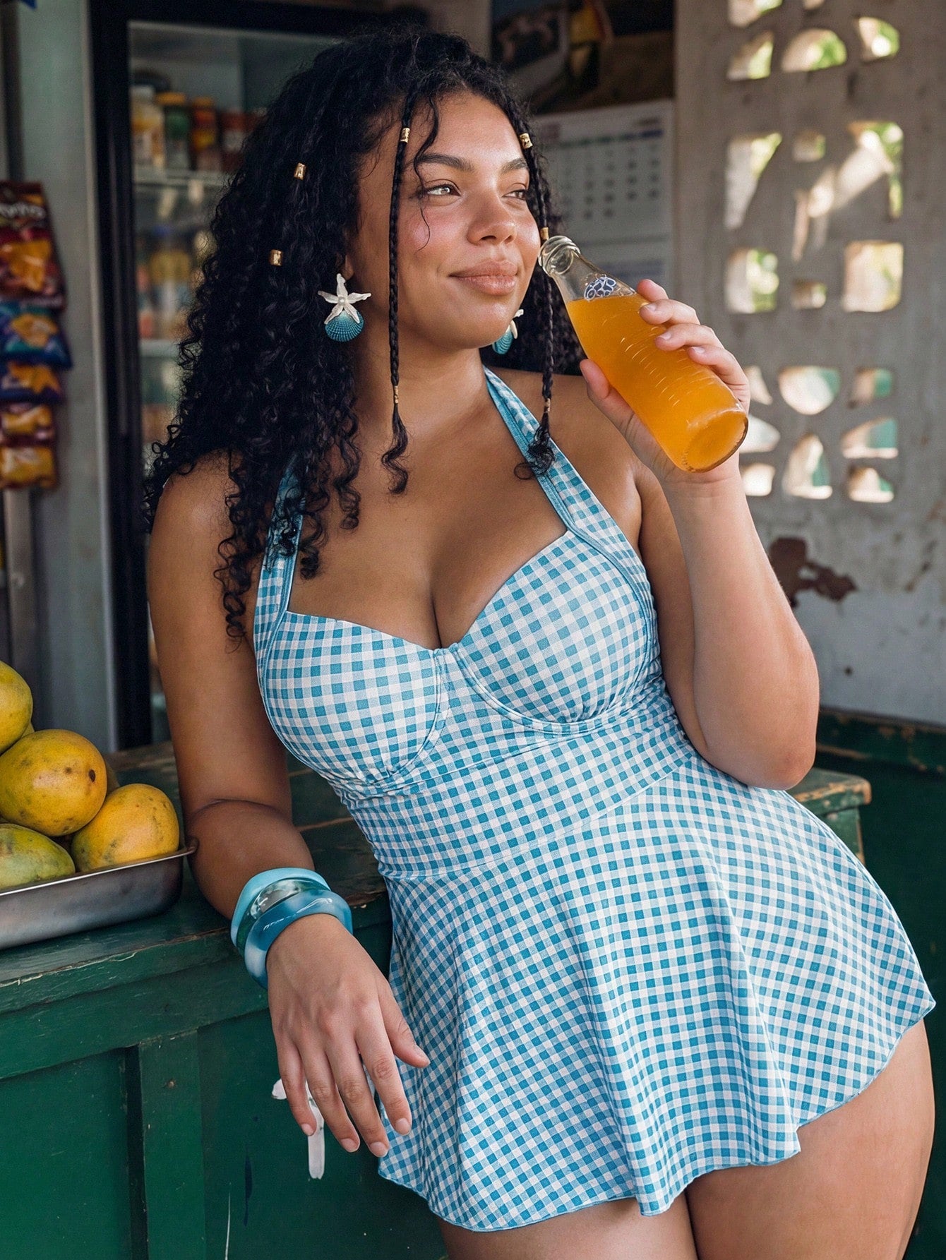 Swim Mod Plus Size Women's Vacation Plaid Halter Neck Swim Dress With Swim Shorts 2-Piece Swimsuit Set Beach Vacation Summer 1920s