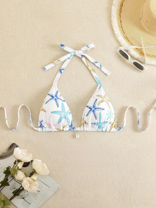 Swim Mod Plus Size Women Starfish Print Halter Neck Bikini Set With Shell Decor Swimwear For Summer Beach Vacation