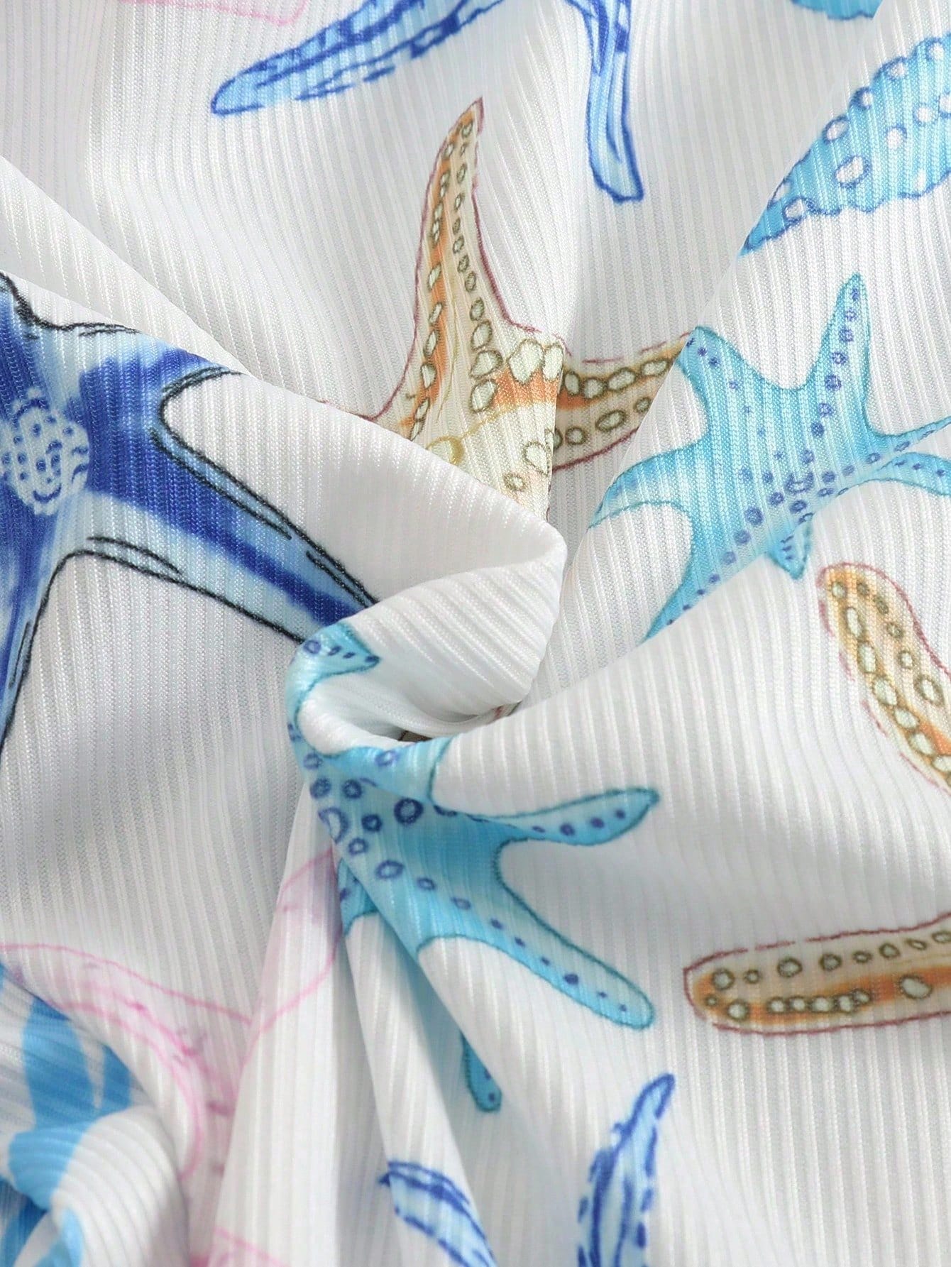 Swim Mod Plus Size Women Starfish Print Halter Neck Bikini Set With Shell Decor Swimwear For Summer Beach Vacation