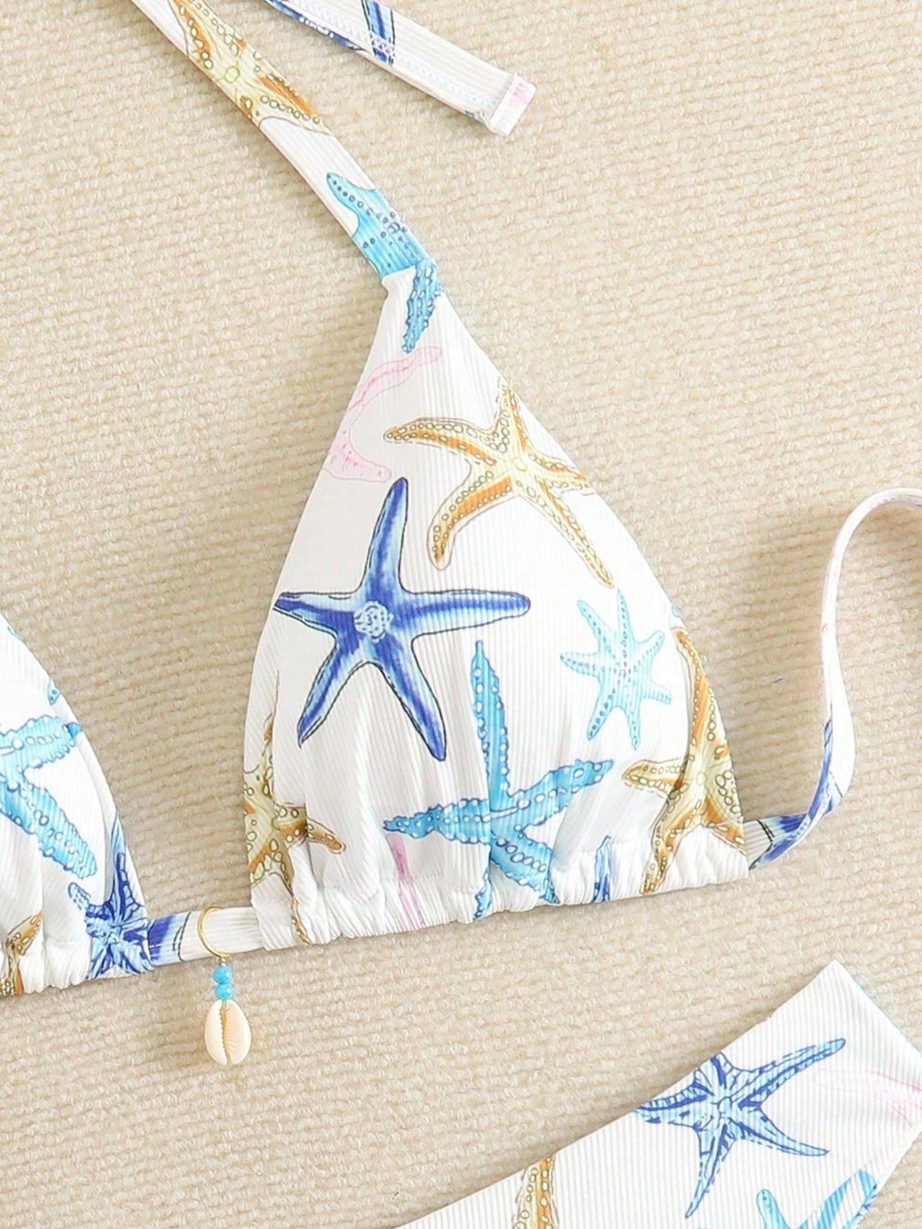 Swim Mod Plus Size Women Starfish Print Halter Neck Bikini Set With Shell Decor Swimwear For Summer Beach Vacation