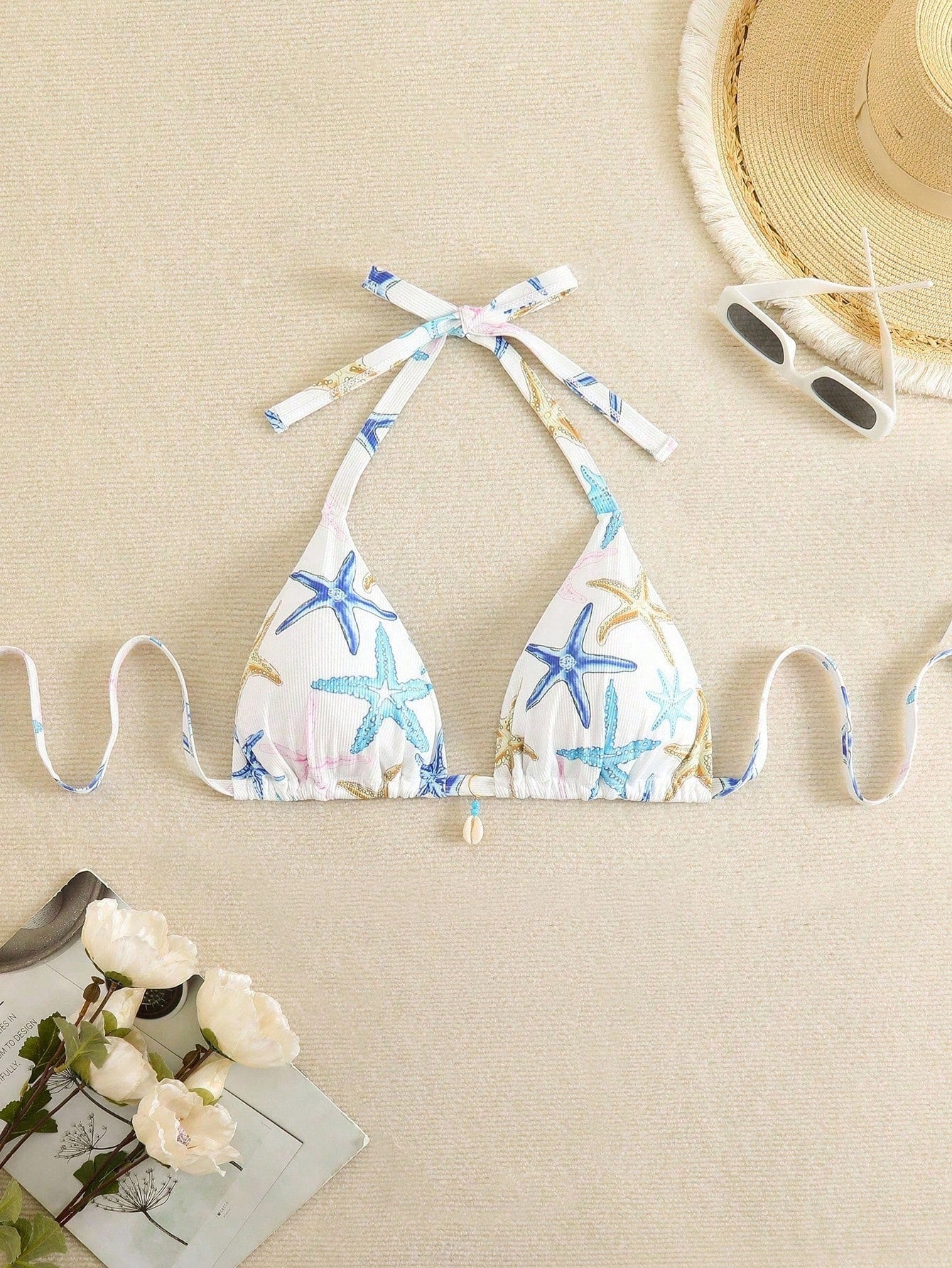 Swim Mod Plus Size Women Starfish Print Halter Neck Bikini Set With Shell Decor Swimwear For Summer Beach Vacation