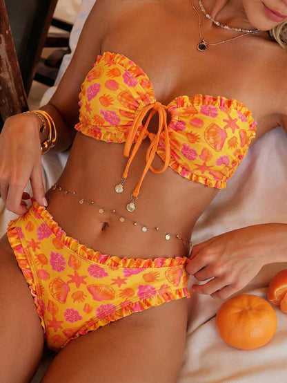 Swim Mod Spring/Summer Fashion Ocean Print Design Shell Decor Sexy Bikini Vacation Set Bikinis Set For Women Vacation Outfits Women Bikini Set Two Piece Set