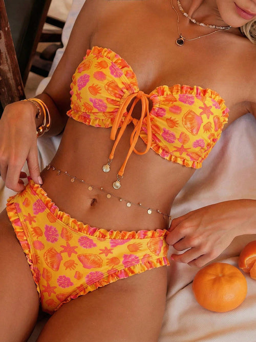 Swim Mod Spring/Summer Fashion Ocean Print Design Shell Decor Sexy Bikini Vacation Set Bikinis Set For Women Vacation Outfits Women Bikini Set Two Piece Set