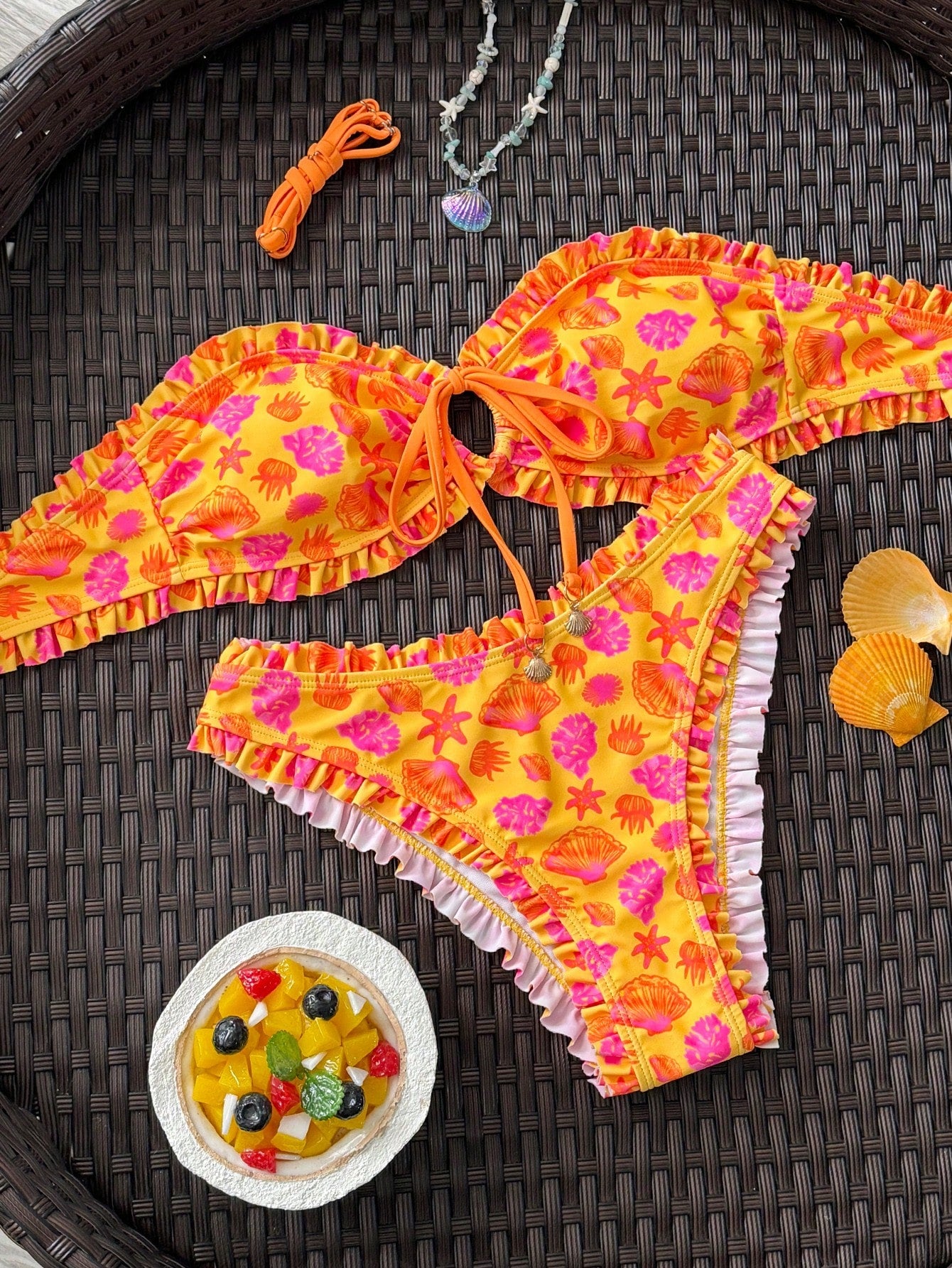 Swim Mod Spring/Summer Fashion Ocean Print Design Shell Decor Sexy Bikini Vacation Set Bikinis Set For Women Vacation Outfits Women Bikini Set Two Piece Set