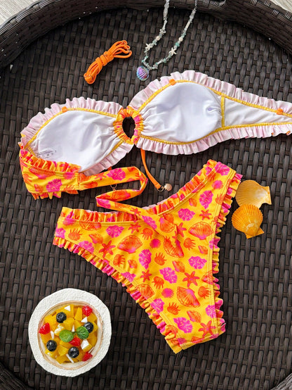 Swim Mod Spring/Summer Fashion Ocean Print Design Shell Decor Sexy Bikini Vacation Set Bikinis Set For Women Vacation Outfits Women Bikini Set Two Piece Set