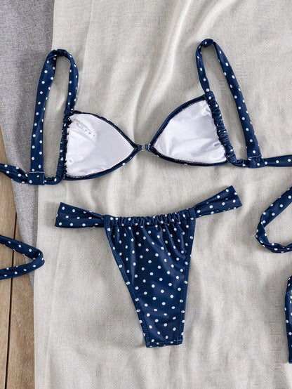 Swim Mod Spring/Summer New French Vintage Taro Purple Polka Dot Sweet & Spicy Girl Two Pieces Swimsuit, Summer Beach Vacation Bikini Set