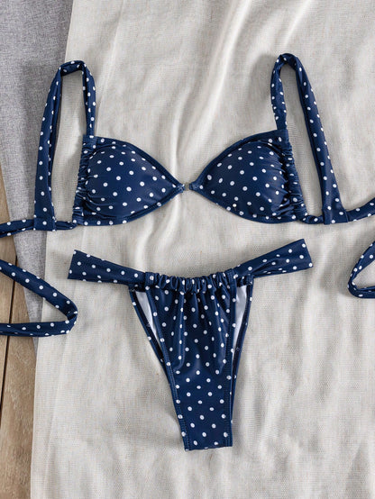 Swim Mod Spring/Summer New French Vintage Taro Purple Polka Dot Sweet & Spicy Girl Two Pieces Swimsuit, Summer Beach Vacation Bikini Set