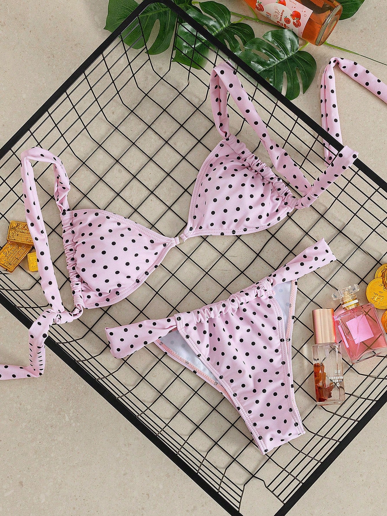 Swim Mod Spring/Summer New French Vintage Taro Purple Polka Dot Sweet & Spicy Girl Two Pieces Swimsuit, Summer Beach Vacation Bikini Set