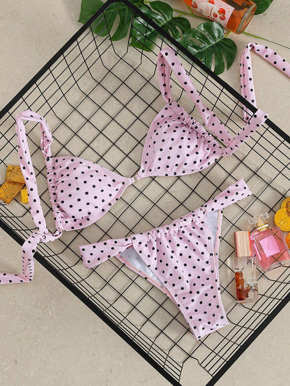 Swim Mod Spring/Summer New French Vintage Taro Purple Polka Dot Sweet & Spicy Girl Two Pieces Swimsuit, Summer Beach Vacation Bikini Set