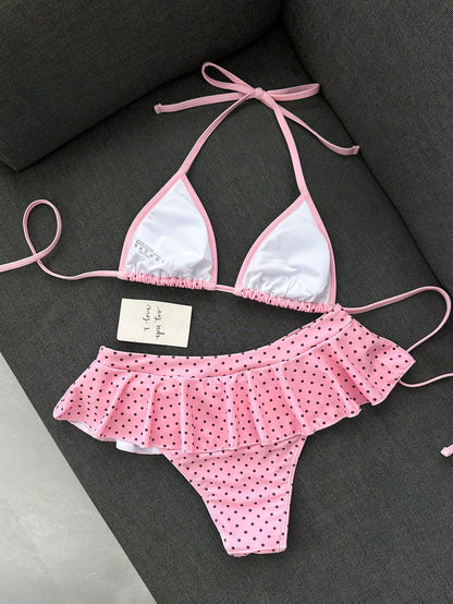 Swim Mod Women's Beachwear Retro Red And White Polka Dot Print Contrast Trim Sexy Micro Bikini Triangle Top Ultra Short Bikini Skirt Fashion Casual Vacation Sweet Retro Cute Sexy Women's Swimsuit Set