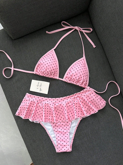 Swim Mod Women's Beachwear Retro Red And White Polka Dot Print Contrast Trim Sexy Micro Bikini Triangle Top Ultra Short Bikini Skirt Fashion Casual Vacation Sweet Retro Cute Sexy Women's Swimsuit Set