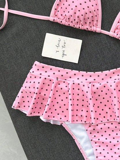 Swim Mod Women's Beachwear Retro Red And White Polka Dot Print Contrast Trim Sexy Micro Bikini Triangle Top Ultra Short Bikini Skirt Fashion Casual Vacation Sweet Retro Cute Sexy Women's Swimsuit Set