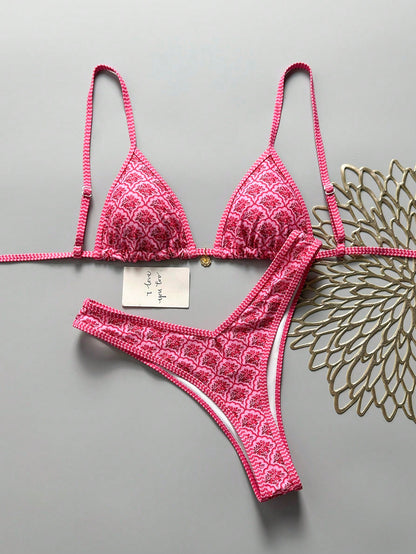 Swim Mod Women's Random Floral Print Spaghetti Strap Sexy Bikini Set, Summer