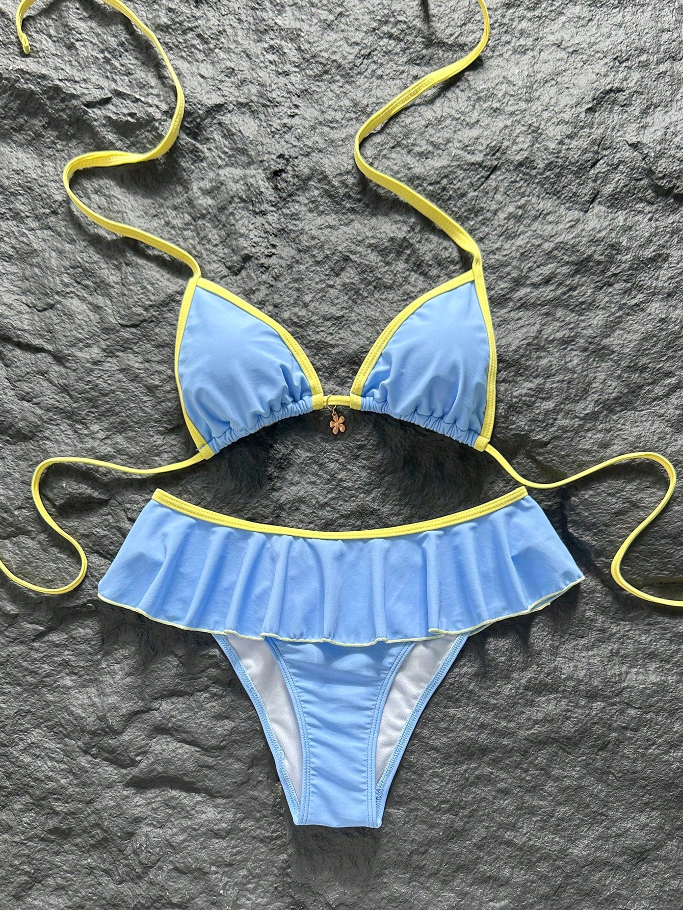 Swim Mod Women's Summer Beach Minimalist Elegant Romantic Casual Vacation Sexy Sweet Cute Swimsuit Set, Basic Versatile Blue & Yellow Colorblock Design, Halter Neck Bikini Triangle Top, Ultra Short Ru