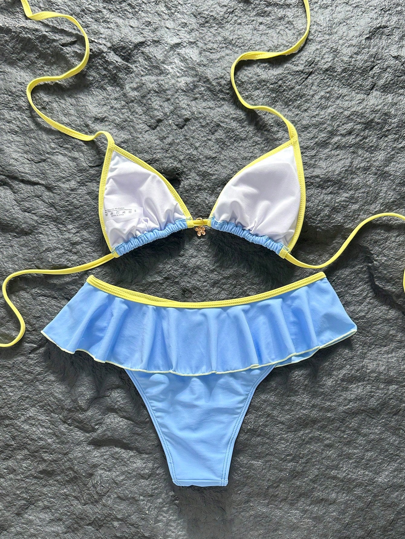 Swim Mod Women's Summer Beach Minimalist Elegant Romantic Casual Vacation Sexy Sweet Cute Swimsuit Set, Basic Versatile Blue & Yellow Colorblock Design, Halter Neck Bikini Triangle Top, Ultra Short Ru