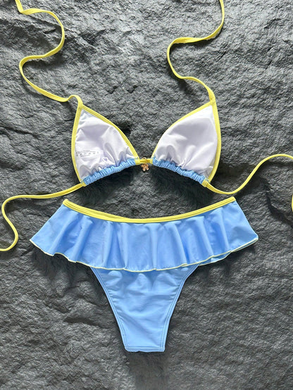 Swim Mod Women's Summer Beach Minimalist Elegant Romantic Casual Vacation Sexy Sweet Cute Swimsuit Set, Basic Versatile Blue & Yellow Colorblock Design, Halter Neck Bikini Triangle Top, Ultra Short Ru
