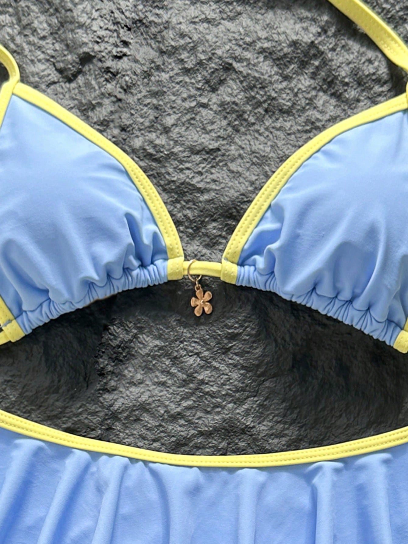 Swim Mod Women's Summer Beach Minimalist Elegant Romantic Casual Vacation Sexy Sweet Cute Swimsuit Set, Basic Versatile Blue & Yellow Colorblock Design, Halter Neck Bikini Triangle Top, Ultra Short Ru