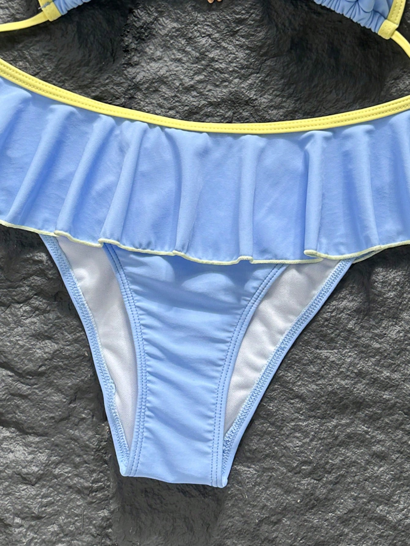 Swim Mod Women's Summer Beach Minimalist Elegant Romantic Casual Vacation Sexy Sweet Cute Swimsuit Set, Basic Versatile Blue & Yellow Colorblock Design, Halter Neck Bikini Triangle Top, Ultra Short Ru