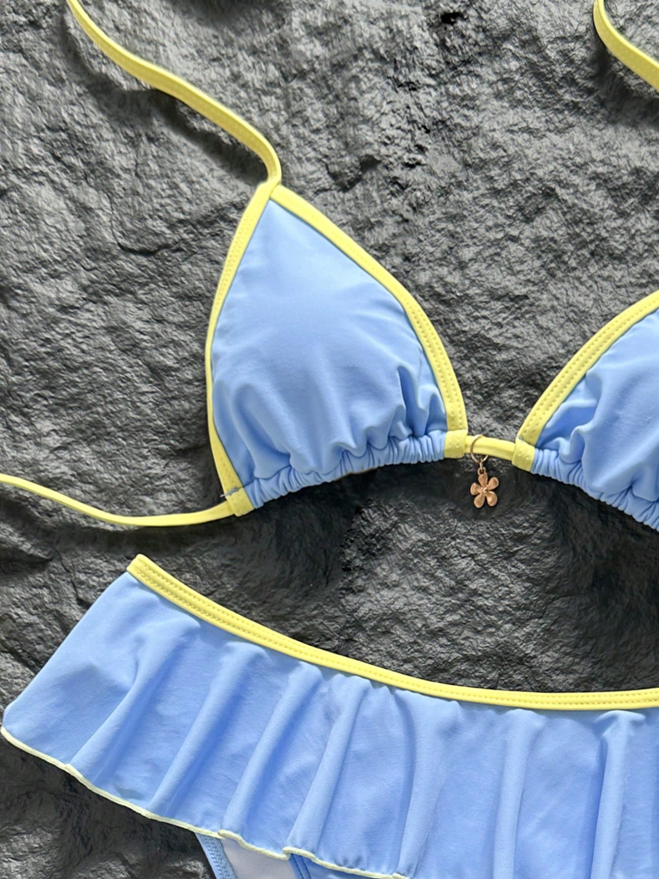 Swim Mod Women's Summer Beach Minimalist Elegant Romantic Casual Vacation Sexy Sweet Cute Swimsuit Set, Basic Versatile Blue & Yellow Colorblock Design, Halter Neck Bikini Triangle Top, Ultra Short Ru