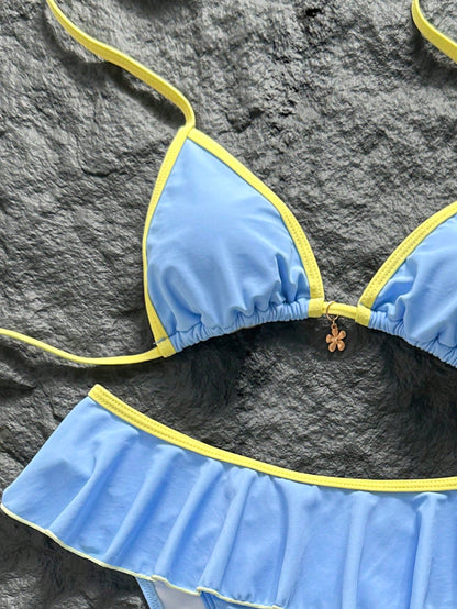 Swim Mod Women's Summer Beach Minimalist Elegant Romantic Casual Vacation Sexy Sweet Cute Swimsuit Set, Basic Versatile Blue & Yellow Colorblock Design, Halter Neck Bikini Triangle Top, Ultra Short Ru