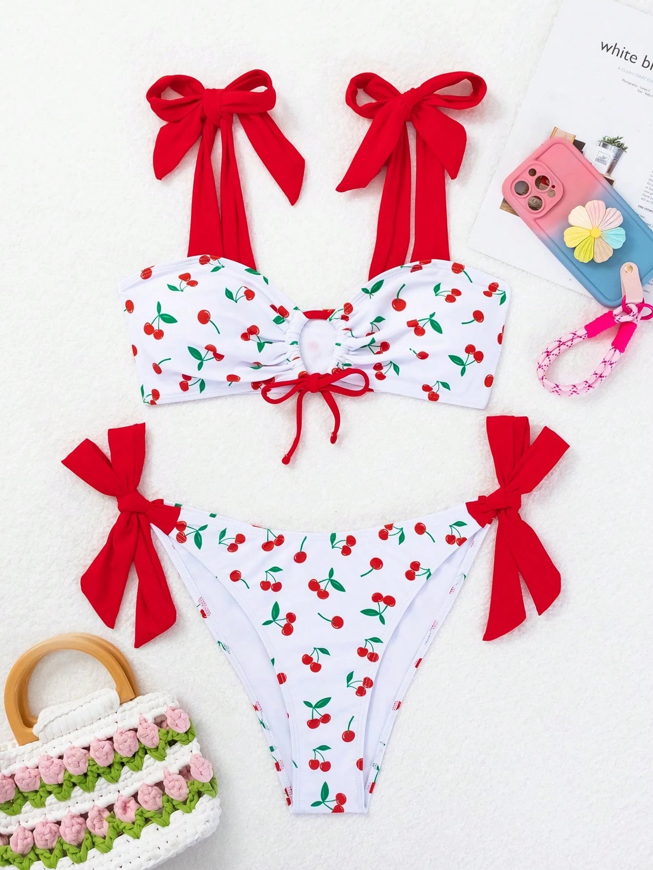 Swim Mod Women Sexy Cherry Print Tied Bikini Set Summer