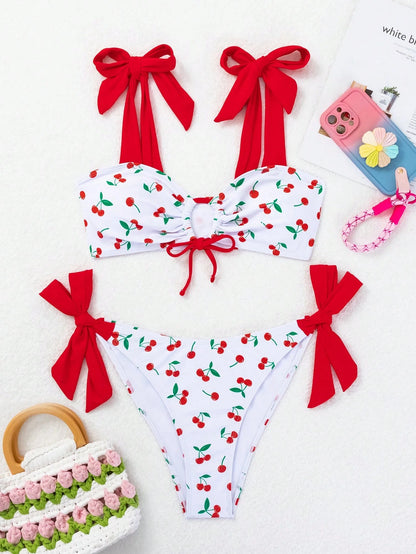 Swim Mod Women Sexy Cherry Print Tied Bikini Set Summer