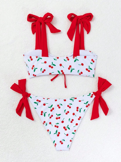 Swim Mod Women Sexy Cherry Print Tied Bikini Set Summer