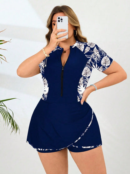 Swim Mulvari 2026 New Summer Beach Vacation Middle Eastern Leaf Print Plus Size One-Piece Swimsuit For Women