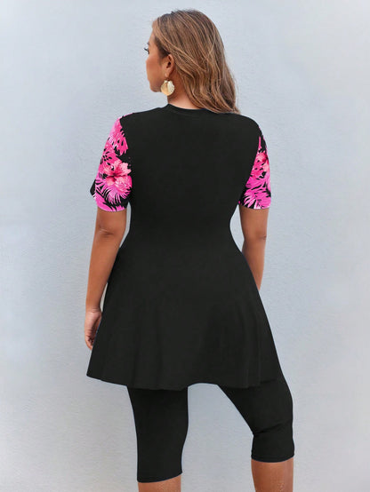 Swim Mulvari 2pcs/Set Plus Size Women Black Modest Summer Vacation Holiday Conservative Zip Front Round Neck Cinched Waist Middle East Style Burkini Swimwear
