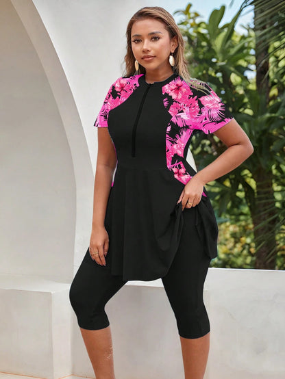 Swim Mulvari 2pcs/Set Plus Size Women Black Modest Summer Vacation Holiday Conservative Zip Front Round Neck Cinched Waist Middle East Style Burkini Swimwear