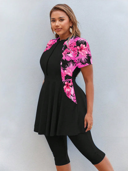 Swim Mulvari 2pcs/Set Plus Size Women Black Modest Summer Vacation Holiday Conservative Zip Front Round Neck Cinched Waist Middle East Style Burkini Swimwear