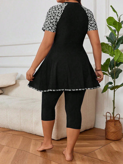 Swim Mulvari 2pcs/Set Plus Size Women Ditsy Floral Pattern Splice Zipper Ruffle Style Casual Resort Split Short Sleeve Swimwear For Summer Beach Vacation
