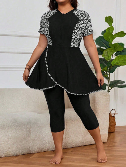 Swim Mulvari 2pcs/Set Plus Size Women Ditsy Floral Pattern Splice Zipper Ruffle Style Casual Resort Split Short Sleeve Swimwear For Summer Beach Vacation