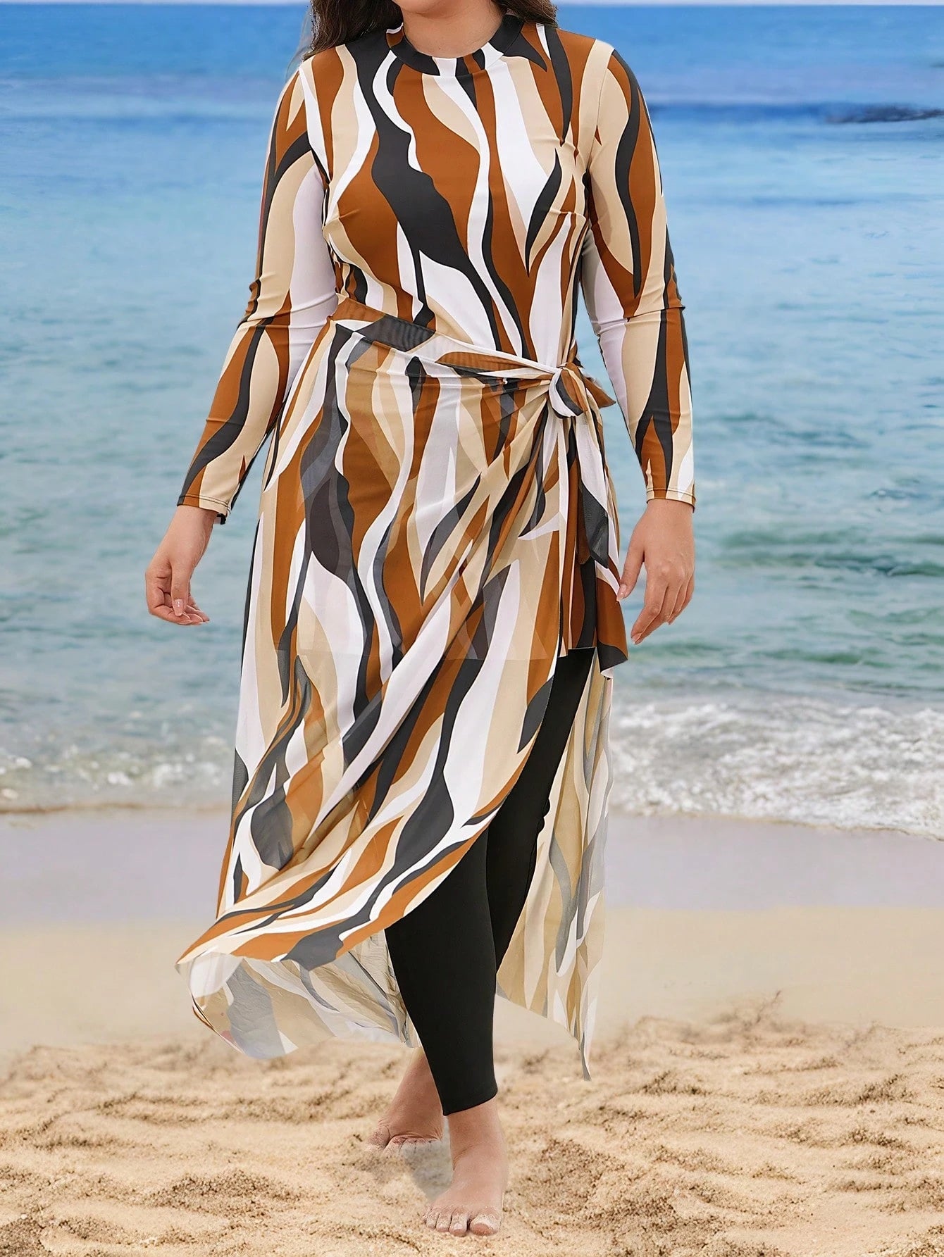 Swim Mulvari Plus Size Women 3 Pieces Set,Geometric Retro Print Top,Long Mesh Skirt,Solid Color Pants,Modest Swimsuit,Summer Beach Holiday Vacation